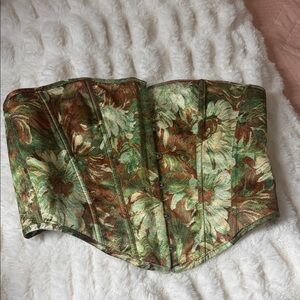 Mi Green and Brown Floral Brocade Lace-Up Corset Top